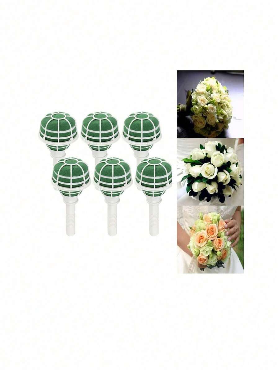 6pcs Foam Floral Handle Bouquet Holder, Suitable For DIY Wedding Bouquets, With Fixable Diamond Bouquet Pins And Green Tape, Wedding Supplies