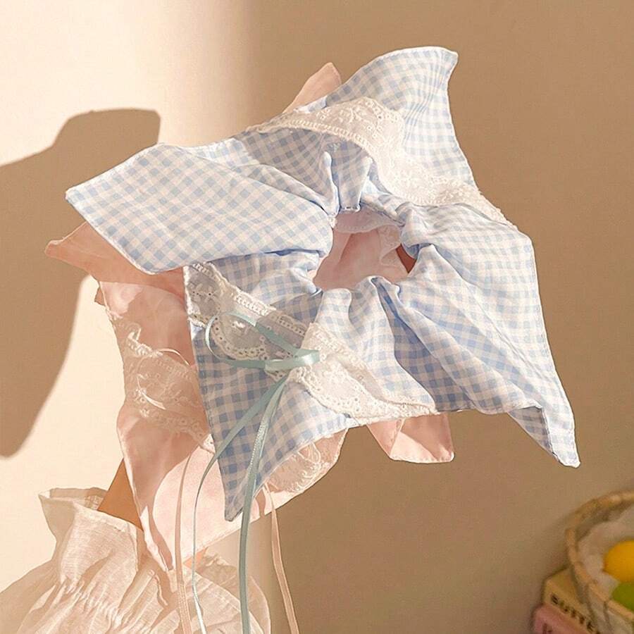 1pc Fresh Sweet Lace Bow Plaid Square Scarf Large Scrunchie Hair Tie For Girls Ponytail Hair Accessory - Multicolor - View 1
