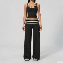瑜珈提臀皮拉提斯運動背心與寬腿褲,舒適夏季女款兩件套,度假約會日常穿搭 - 黑色 - 查看 10