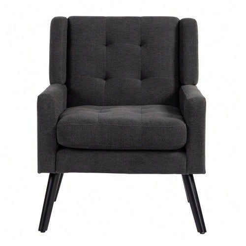 Upholstered Chair With Buttoned Suede Padding – Mid-Century Modern Armchair With High-Density Foam Cushion And Solid Wood Legs For Small Spaces: Living Room, Bedroom, Office - Dark Grey - View 1