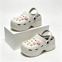 Women's High Heel Height-Increasing Rose Decor Clog Sandals, Thick Sole Breathable Slip-On Wedge Beach Slides, Anti-Slip Outdoor Wear - White - View 1