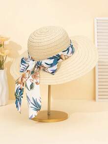 2pcs/1pc Summer Wide Brim Straw Hat For Women, Minimalist Fashion Lace Ribbon Beach Vacation Sun Protection Hat - Straw Hat - View 6