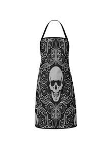 2Pcs Gothic Halloween Skeleton Baker Print Kitchen Apron, Reversible Black & White Skull Pattern Cooking Bib, Waterproof Oilproof Stain Resistant Chef Apron For Baking Grilling, Spooky Tarot Style Home Kitchen Decor & Halloween Party Gift - Multicolor - View 4