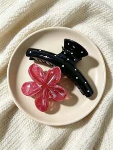 2pcs Women's Glossy Red Floral Black Polka Dot Fairy Cute Lightweight Plastic Hair Clips, Fashionable Versatile, High-End Elegant, Elegant Minimalist, Hair Claw, Hair Accessories, Suitable For Daily Outings, Casual Gatherings, Commuting, Vacation, Face Washing, Bathing, Makeup, Matching Outfits, Can Be Used As Jewelry Headwear Accessories, Hair Claw Clips - Multicolor - View 4