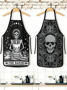 2Pcs Gothic Halloween Skeleton Baker Print Kitchen Apron, Reversible Black & White Skull Pattern Cooking Bib, Waterproof Oilproof Stain Resistant Chef Apron For Baking Grilling, Spooky Tarot Style Home Kitchen Decor & Halloween Party Gift - Multicolor - View 7