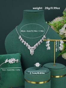 5pcs Elegant Exquisite Series Geometric Design Bridal Wedding Set, Handmade Inlaid White Cubic Zirconia, Includes Necklace, Bracelet, Earrings, Ring, Suitable For Daily Wear And Wedding, Wedding Anniversary Gift - Geometric Design - View 3