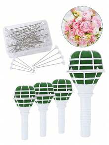 6pcs Foam Floral Handle Bouquet Holder, Suitable For DIY Wedding Bouquets, With Fixable Diamond Bouquet Pins And Green Tape, Wedding Supplies - Green - View 9