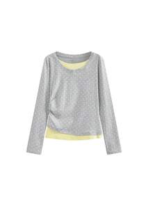 Kaos Lengan Panjang Polkadot 2-in-1 Wanita, Atasan Dalaman Slim Fit Berhiaskan Rhinestone untuk Awal Musim Semi, Desain Menawan, Gaya Seksi - Grey - View 5