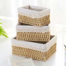 Caja de almacenamiento de ratán tejida, Cesta de almacenamiento tejida, Caja organizadora de paja tejida, Caja de almacenamiento para entrada, sala de estar, mesa de café, llaves, aperitivos, juguetes, artículos diversos, cosméticos, Cesta de almacenamiento multiusos adecuada para baño, dormitorio, sala de estar, Cesta de regalo decorativa - Caqui - Ver 3