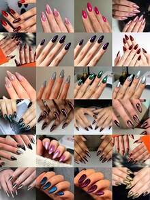576 Pcs (24 Mixed Colors) Y2K Long Almond Glossy Nail Tips, Including Green, Purple, Red, Blue, Rose Red Cat Eye Crystal Cat Eye Acrylic Tips, Perfect For Long Almond Nail Designs Nails - Multicolor - View 2