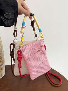 1pc Mini Solid Color Embroidered Soft Hollow Out Colorful Strap Handbag Shoulder Crossbody Bag Phone Wallet For Shopping And Travel,Wristlet - Multicolor - View 2