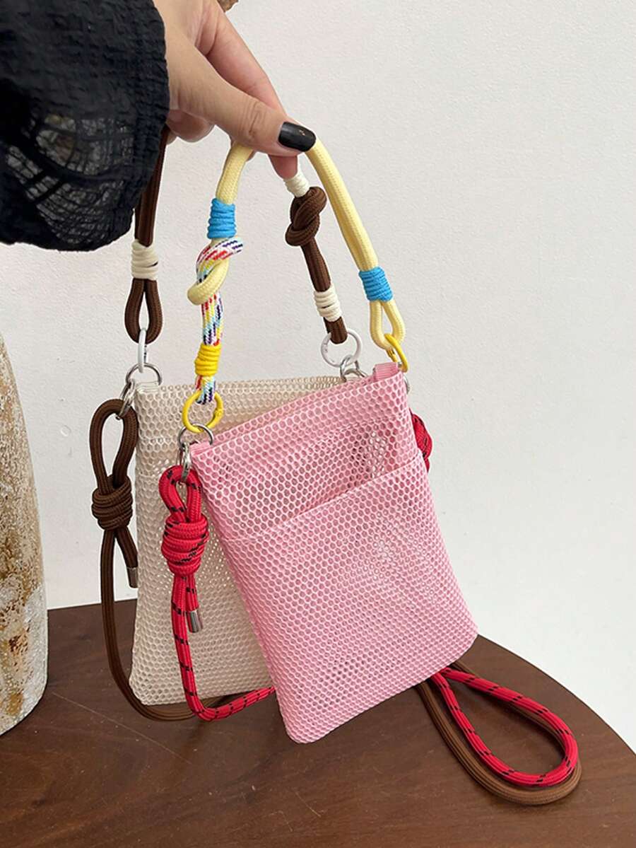 1pc Mini Solid Color Embroidered Soft Hollow Out Colorful Strap Handbag Shoulder Crossbody Bag Phone Wallet For Shopping And Travel,Wristlet