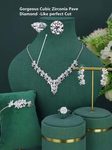5pcs Elegant Exquisite Series Geometric Design Bridal Wedding Set, Handmade Inlaid White Cubic Zirconia, Includes Necklace, Bracelet, Earrings, Ring, Suitable For Daily Wear And Wedding, Wedding Anniversary Gift - Geometric Design - View 4