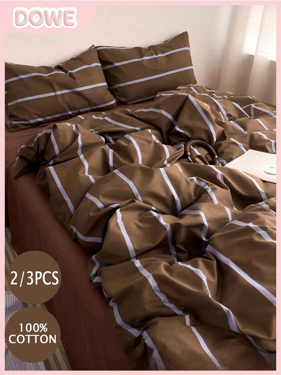 2/3件組 100%純棉條紋被套組(不含被芯)-柔軟透氣床上用品(1件被套+1/2件枕套),現代條紋印花床品,適用於臥室/客房,居家與宿舍必備裝飾,四季舒適床上用品套裝 - 彩色 - 查看 1