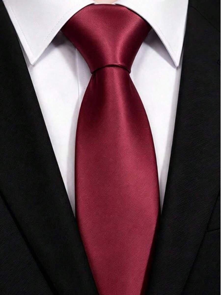 1 Solid Color Satin Tie, Men's Solid Color Tie For Business And Wedding (7cm) - Burgundy - View 1