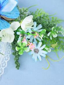 1pc Vintage Green & Blue Butterfly Pink Floral Lace Tie Flower Crown, Gentle Bohemian Forest Lawn Travel Photography Bridal Styling Wedding Accessory Headpiece - Green - View 5