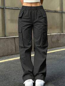 1pc Girls' Teen Fashion Personalized Straight Leg Cargo Pants With Pockets, Long Pants For Spring, Summer, Autumn, Winter - Black - View 3