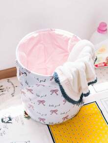 1pc Bowknot Decor Fabric Foldable Storage Basket Laundry Hamper - White - View 4