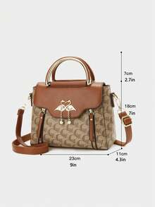 Retro Allover Letter Print Handbag Combo, Color Block Splicing Shoulder Bag With Detachable Adjustable Strap & Gold Metal Hardware - Brown - View 6