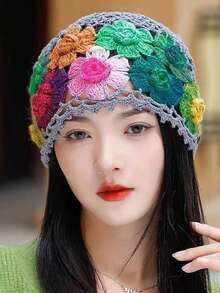 Women's Spring/Summer New Artistic Style Colorful Floral Hollow Swirl Knit Wool Beanie - Multicolor - View 8