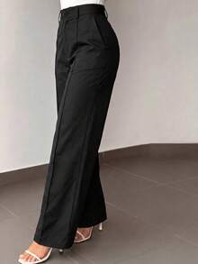 Kayi Solid Color Button Zipper Pocket Waist-Cinching Suit Fabric Plus Size Navy Blue Long Pants, Women Teacher's Clothing Black - Black - View 3