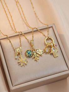 Women's Travel Theme Charm Necklace Set, Gold-Plated Daisy, Globe, Airplane And Hamsa Hand Pendant, Delicate Collarbone Chain, Fashionable Jewelry Gift - Gold - View 7