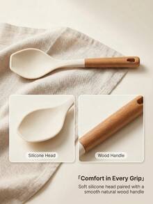 Silicone Soup Spoon: Natural Wood Heat-Insulating Handle + Off-White Silicone Spoon Head. No Residue. Suitable For Soup, Stir-Fry, Sauce Mixing. Universal Design. Does Not Damage Or Stick To Cookware Coating. - Multicolor - View 6