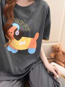 2pcs/Set Women's Pajamas Homewear Set, Cute Puppy Print Pullover Round Neck Fashion Short Sleeve Solid Color Long Pants, Easy Care Fabric - Grey - View 6