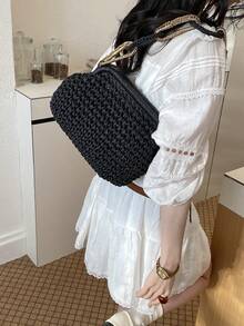 1件黑色草編圓手柄單肩包，休閒夏季海灘托特包，透氣輕便女款手提包，適合度假與日常使用 - 黑色 - 查看 7