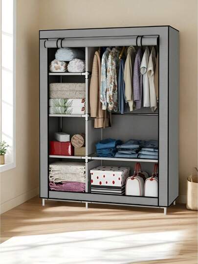 1pc Large Capacity Portable Simple Wardrobe, Equipped With Non-Woven Dust Cover, Easy To Install, Space Saving, Sturdy And Durable, Essential Storage Supplies For Bedrooms, Rental Houses And Dormitories, Integrated Vertical Floor Clothes Rack