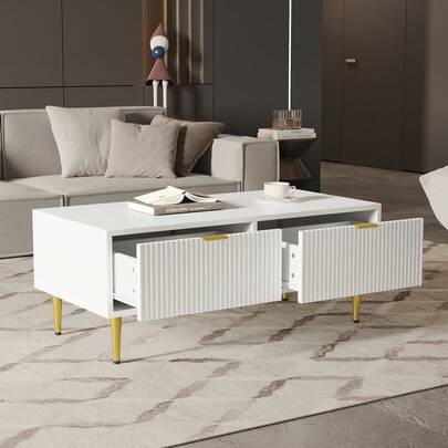Modern White Coffee Table With Gold Accents, 2 Drawers
