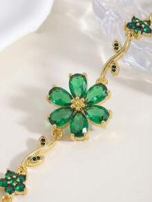 1pc Green Zirconia Petal Bracelet, Full Rhinestone Delicate Branch Flower Bracelet - Flower Bracelet - View 4
