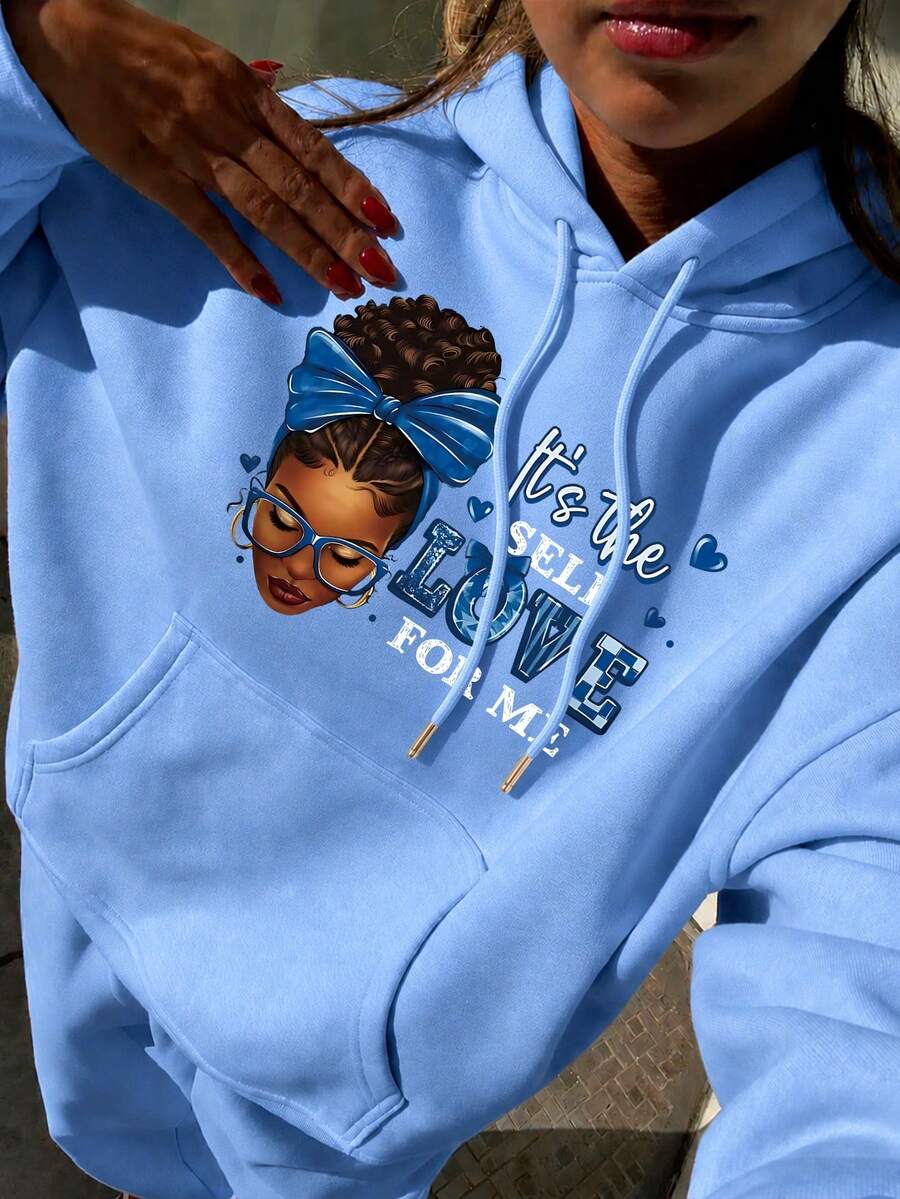 Sweatshirt mit Buchstabenmuster, lässiges Kapuzen-Sweatshirt für Damen in Große Größen für Herbst/Winter, geeignet für Weihnachten, Neujahr, Halloween, Alltag, Hochzeit, Strand, Fitness, Abschluss, Party, modisch, Urlaub, Pendeln, Ausgehen, Winteroutfit - Babyblau - Übersicht 1