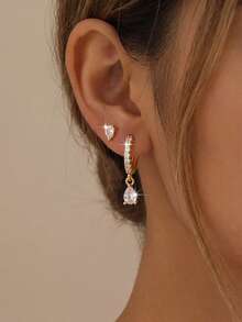 2pcs/Set Alloy Gold-Plated Water Drop Zirconia Earrings Set, Water Drop Single Diamond Stud Earrings Paired With Fully Pave Water Drop Pendant Ear Cuffs, Transparent High-Shine Pear-Shaped Zirconia, Double Layer Stackable Design, Light Luxury Gentle Style Daily Commute Versatile Women's Jewelry - View 4