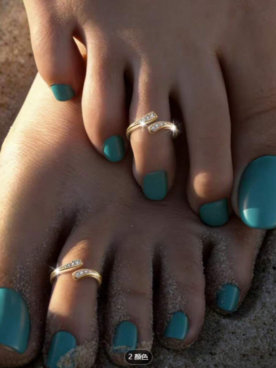 1 Pair Gold-Plated Wave Rhinestone Adjustable Toe Rings, Bohemian Sparkling Beach Vacation Women's Foot Jewelry - Gold - View 1