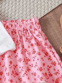 2pcs/Set Girls Casual Sweet Cool Outfit Cartoon Print White T-Shirt + Floral Cake Skirt Fashion Two Pieces Set Suitable For Summer - Pink - View 6