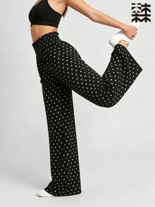mulinsen Lightweight Draped Small Polka Dot Wide Leg Pants, High Waist Ruched Waistband Casual Sports Yoga Floor Length Pants - Black - View 4