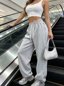 [2pcs]Women's Solid Color High-Waist Wide Leg Sweatpants Tops, High Elastic Waist With Contrast Drawstring, Home Leisure Fall Sports - Multicolor - View 5