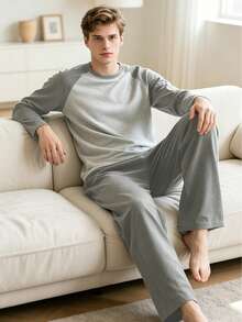 2PCS Men's Spring/Autumn Thin Long Sleeve Long Pants Casual Lazy Minimalist Pajamas - Multicolor - View 1