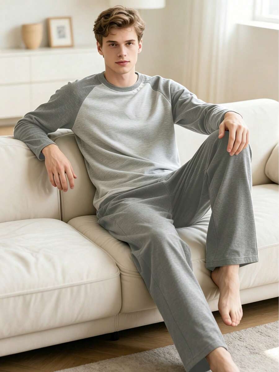 2PCS Men's Spring/Autumn Thin Long Sleeve Long Pants Casual Lazy Minimalist Pajamas - Multicolor - View 1