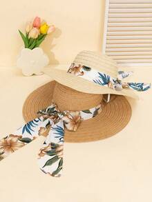 2pcs/1pc Summer Wide Brim Straw Hat For Women, Minimalist Fashion Lace Ribbon Beach Vacation Sun Protection Hat - Straw Hat - View 5