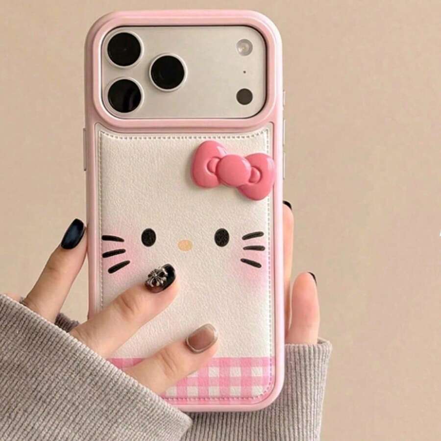 SANRIO 3D Bow Hello Kitty Cute Cartoon - Cute Bow Design Compatible With Apple 17/17Air/17Pro/17Promax, 16/16Plus/16Pro/16Promax, 15/15Plus/15Pro/15Promax, 14/14Plus/14Pro/14Promax, 13/13Pro/13Promax, 12/12Pro/12Promax, 11/11Pro Max, Dustproof, Popular Hot Puffy Leather Texture Shockproof Protective Case - Pink - View 1