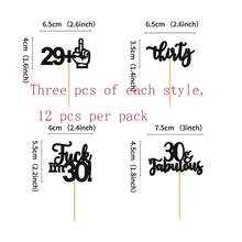 12pcs Creative Shiny Black 18th Birthday Sweet 16 30th Birthday Happy Birthday Cupcake Toppers Decorations 18th Anniversary Birthday Party Decor - Multicolor - View 15