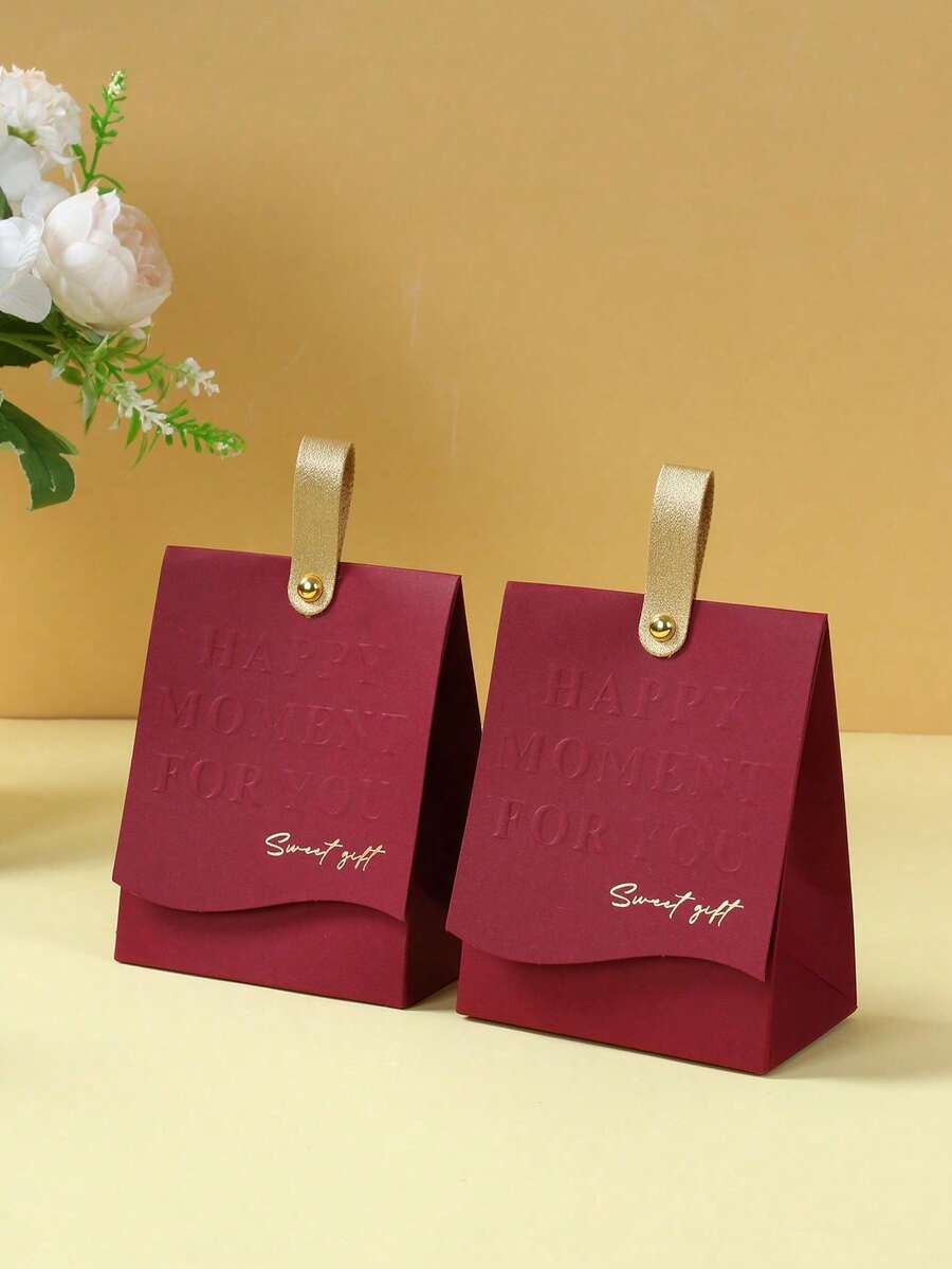 50/30/20/10/5/1pc Burgundy Embossed Gold Foil Gift Box, Vintage Luxury Wedding Style, 3D Embossed English + Gold Handwritten Font, Storage Box, Wedding Candy Box, First Birthday Party Thank You Gift Box, Holiday Exquisite Small Gift Packaging