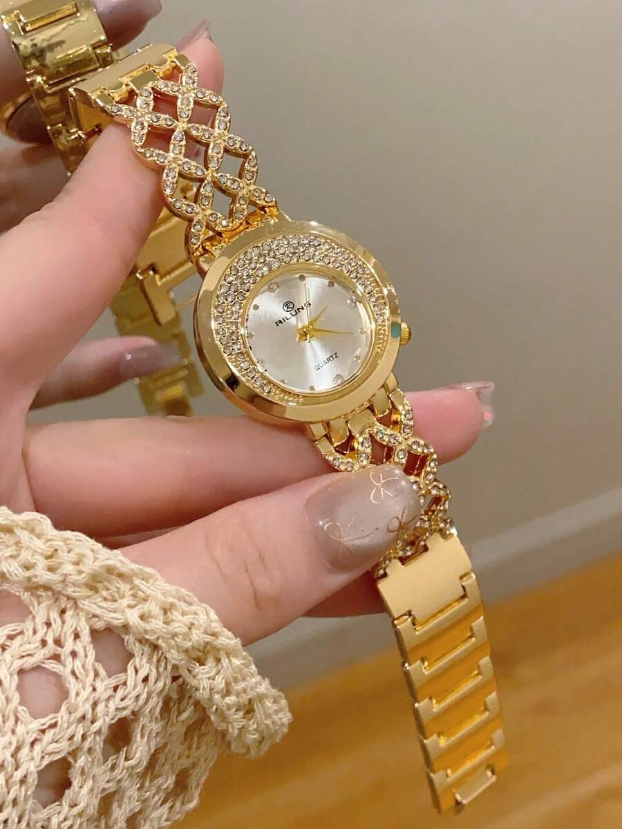 1件金色/銀色女款手錶,極簡新風格,鑲鑽裝飾優雅時尚,休閒百搭,石英手錶,適合日常裝飾 - 金色 - 查看 1