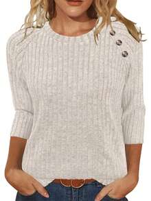 3pcs/Set Women's Fashion Tops Autumn 3/4 Sleeve Pullover Round Neck Button Casual 3/4 Sleeve Lightweight Sweater - Apricot + Orange + Dark Gray - View 3