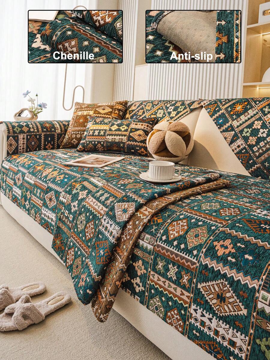 1pc Chenille Bohemian Style Sofa Cover, Non-Slip Back, Pet-Friendly, Machine Washable, All-Season, Holiday Decor Furniture Renovation Home Decoration. Suitable For 1/2/3/4 Seater Armrest Backrest - Green - View 1
