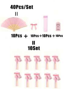 1-69pcs Pink Bamboo Folding Hand Fan Set With Organza Bag, Satin Ribbon Bow And Thank You Card, Wedding Guest Favors, Summer Party Handheld Fan, Bridesmaid Gift, Bridal Shower And Outdoor Wedding Decor - Multiple Styles - View 10