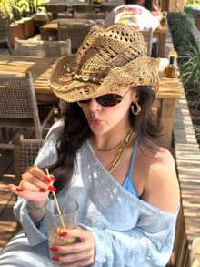 1pc Panama Style Hollow Beaded Straw Hat, Fashionable And Breathable, Suitable For Spring/Summer Beach, Camping, Theme Park, Party And Other Outdoor Activities - A - View 1