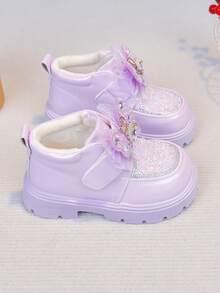 1 Pair Girls' Princess Ankle Boots, Thermal Lined Thickened, Bowknot Hook & Loop, Warm Low-Top Boots For Winter - Purple - View 4